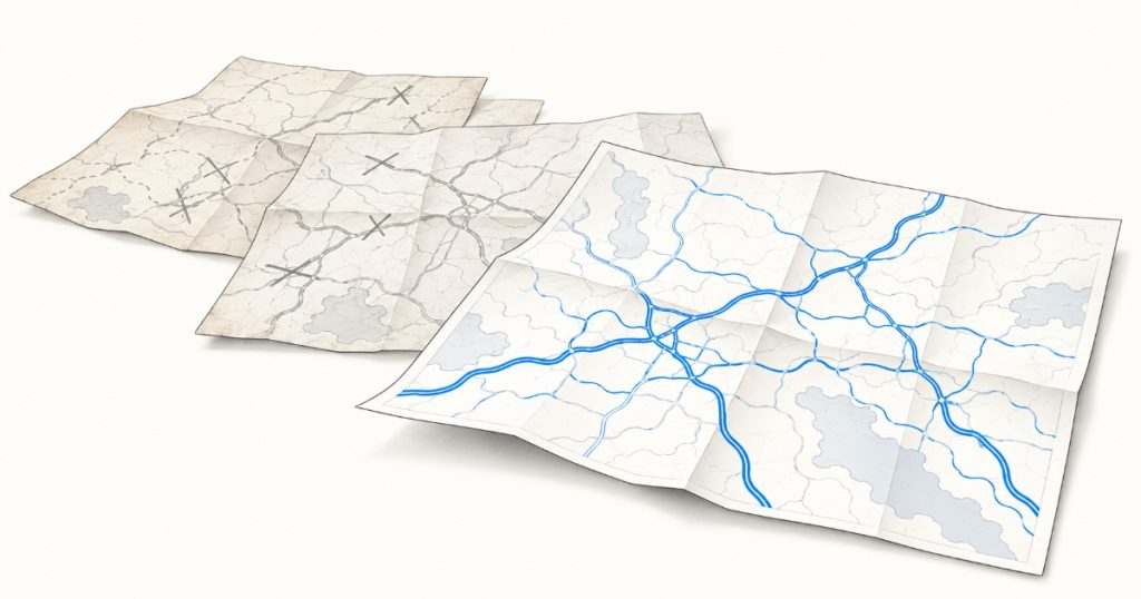 Několik map různého stáří, nejnovější mapa vpředu s jasně modrými čerstvými cestami, starší mapy mají přeškrtnuté úseky